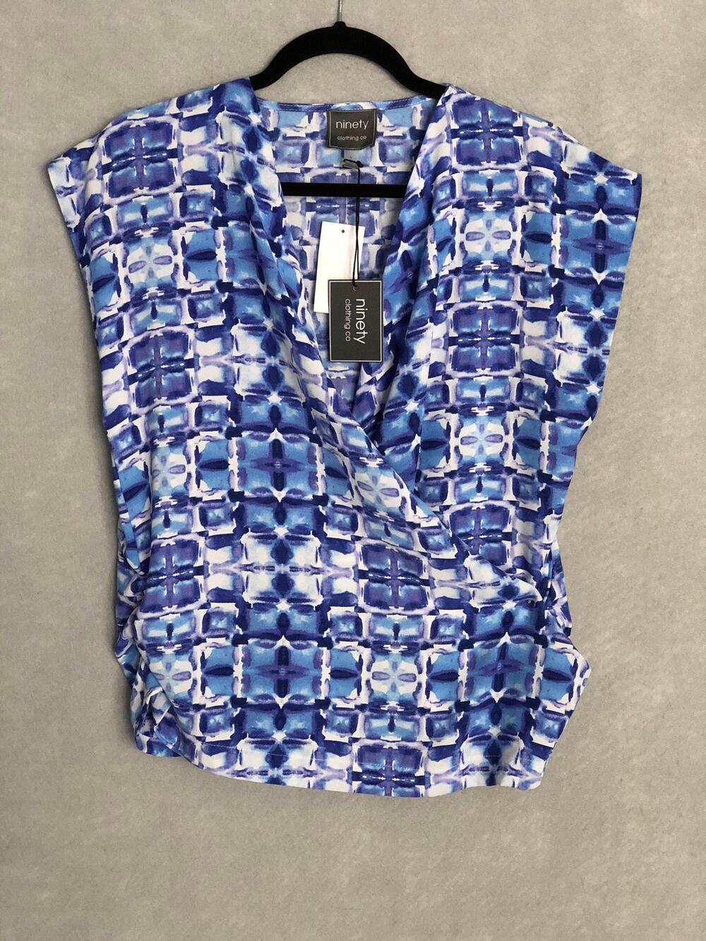Ninety Wrap Front Top Ruched Seams Blue Women's Large NEW